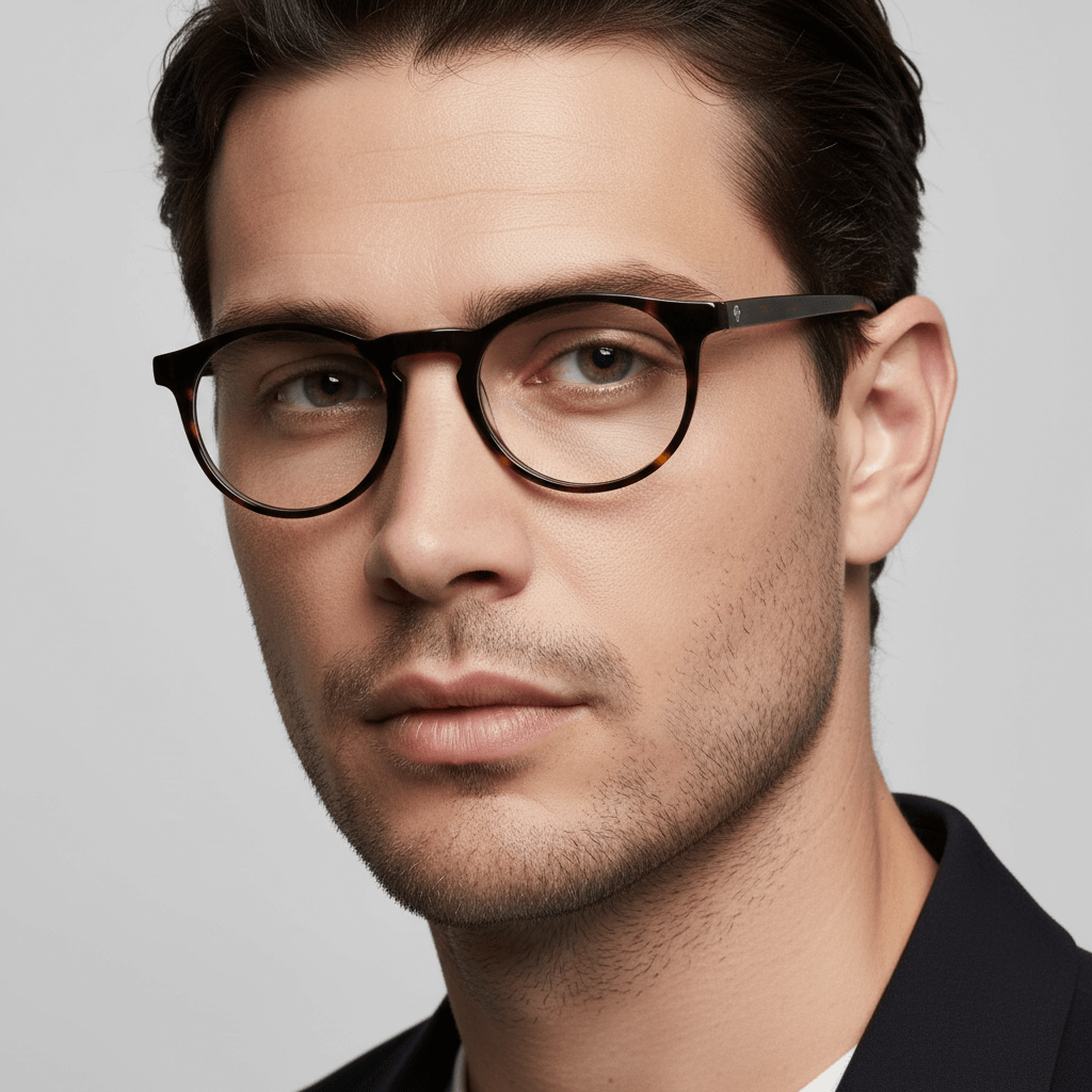La side view a men cara ovalada large wearing frames optical frames prescription and anti-reflective bonoboss in sustainable acetate biodegradable forma redonda y #color_carey
