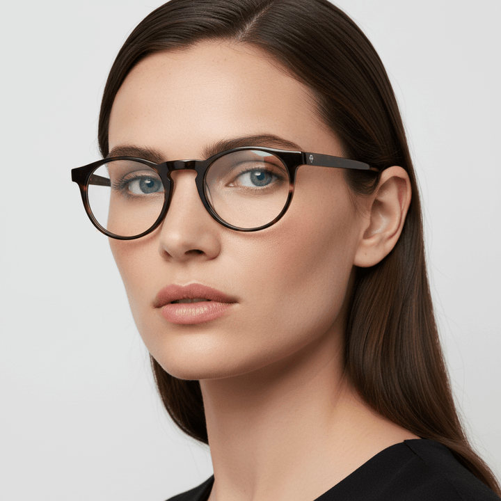 La side view a women round face wearing frames optical frames prescription and anti-reflective bonoboss in sustainable acetate biodegradable forma redonda y #color_carey