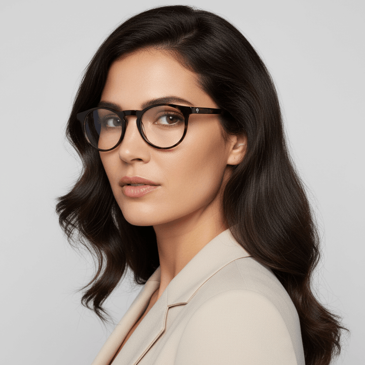 La side view a women cara ovalada and pelo ondulado wearing frames optical frames prescription and anti-reflective bonoboss in sustainable acetate biodegradable forma redonda y #color_carey