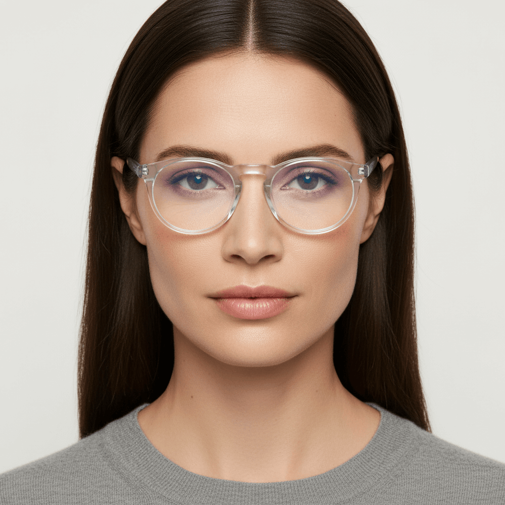 Una women cara ovalada redonda large and pelo liso suelto wearing frames optical frames prescription and anti-reflective bonoboss in sustainable acetate biodegradable forma redonda y #color_transparente