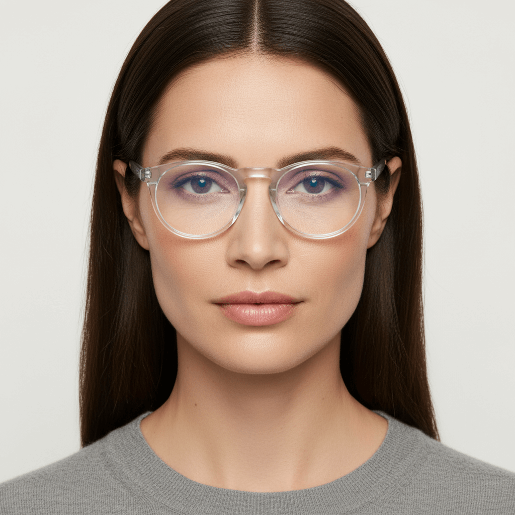 Una women cara ovalada redonda large and pelo liso suelto wearing frames optical frames prescription and anti-reflective bonoboss in sustainable acetate biodegradable forma redonda y #color_transparente