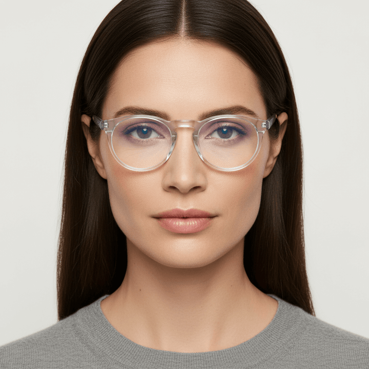 Una women cara ovalada redonda large and pelo liso suelto wearing frames optical frames prescription and anti-reflective bonoboss in sustainable acetate biodegradable forma redonda y #color_transparente