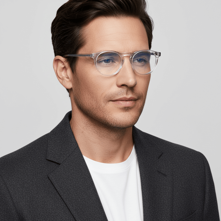 La side view a men cara ovalada redonda large wearing frames optical frames prescription and anti-reflective bonoboss in sustainable acetate biodegradable forma redonda y #color_transparente