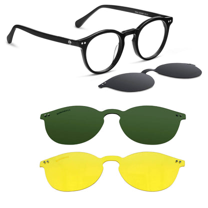 marcos opticos redondos con sobre lente clip sol iman polarizado para hombre y mujer de color negro vista angulada#color_negro