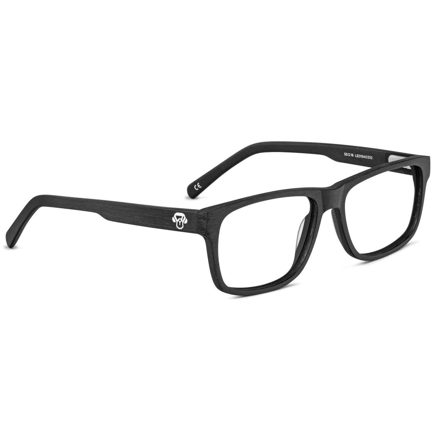 vista angulada o lateral de armazones o marcos opticos sustentables o de material reciclado de forma rectangular de color negro para hombre y mujer de cara redonda