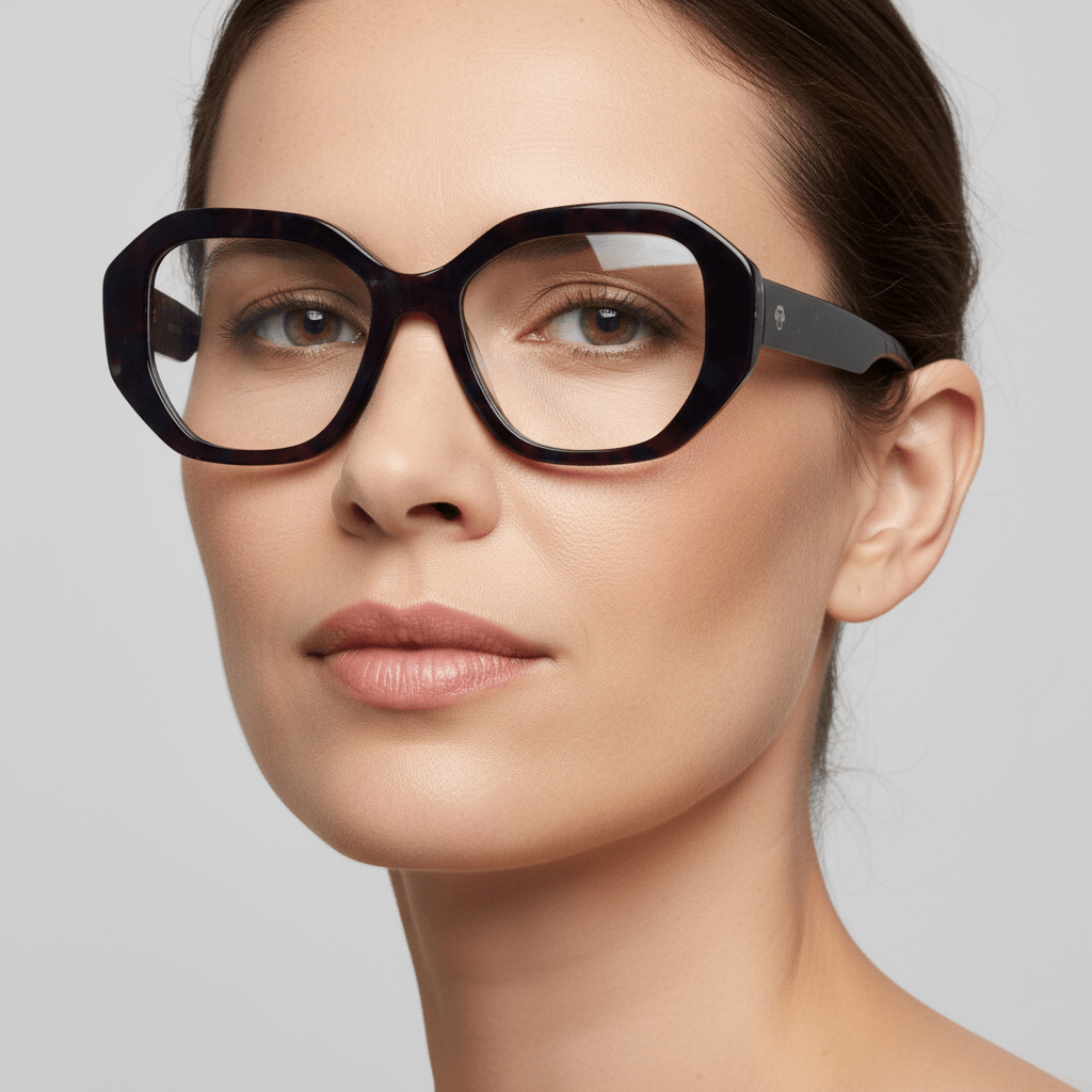 Armazón de lentes Gaia en gris espacial: vista frontal, bio-acetato geométrico, diseño de Bonoboss #color_space