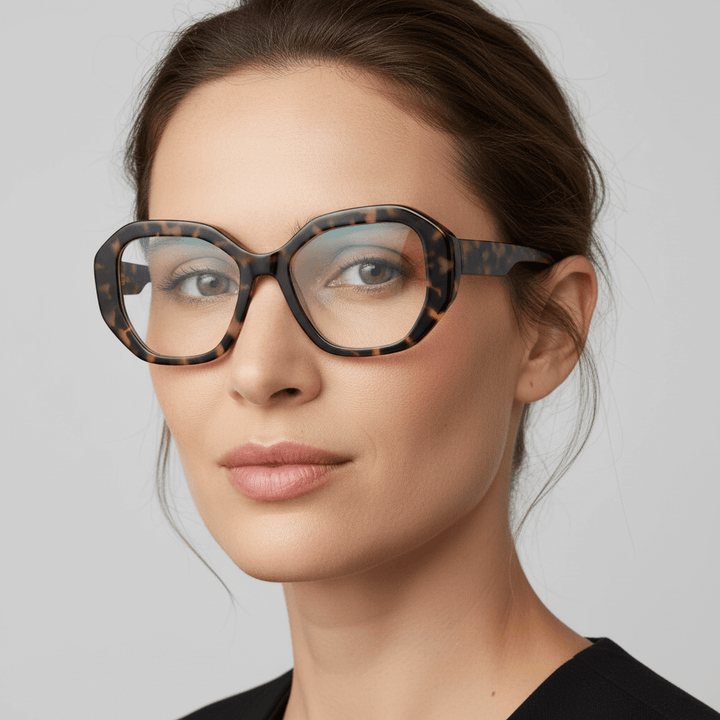 Vista frontal: anteojos Gaia en carey, bio-acetato geométrico, diseño de Bonoboss #color_carey