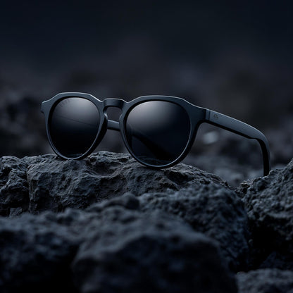 anteojos de sol polarizados de color negro en sobre rocas negras y el reflejo de la luz en ellos una foto increible de catalogo #color-marco_negro