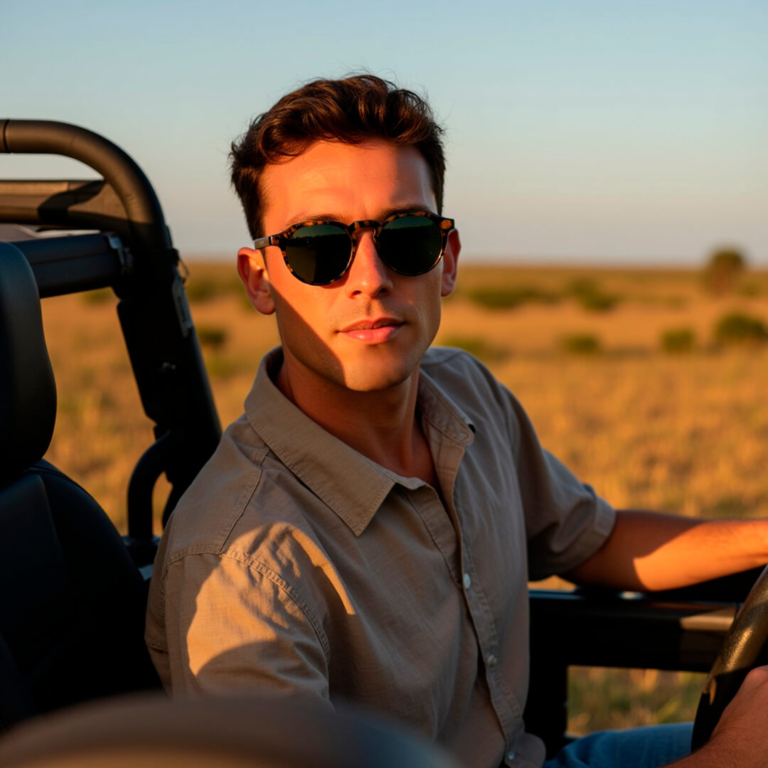 hombre de cara ovalada con anteojos de sol polarizados de color carey #color-marco_carey