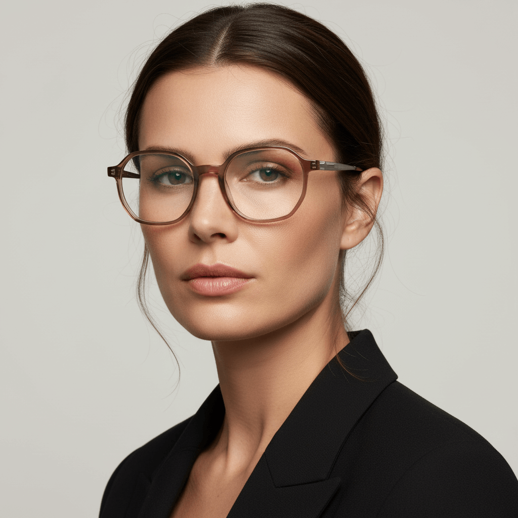 La side view a women round face wearing eyeglasses marcos frames optical marca bonoboss color peach acetate biodegradable sustainable with temples stainless steel #color_blonde-crystal