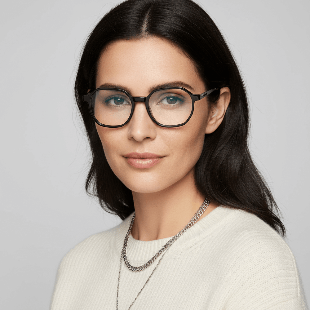 La side view a women cara ovalada wearing eyeglasses marcos frames optical marca bonoboss black acetate biodegradable sustainable with temples stainless steel #color_negro