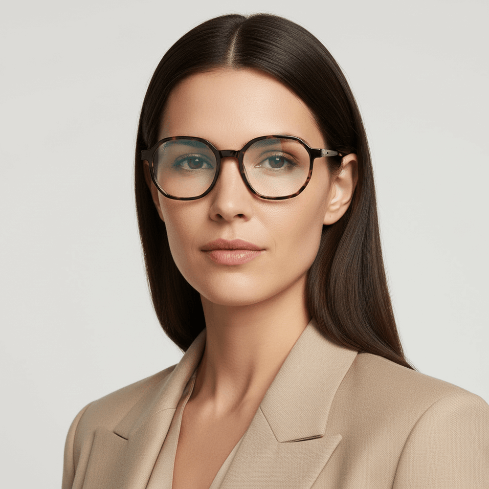 La front view a women cara ovalada wearing eyeglasses marcos frames optical marca bonoboss tortoise acetate biodegradable sustainable with temples stainless steel #color_carey