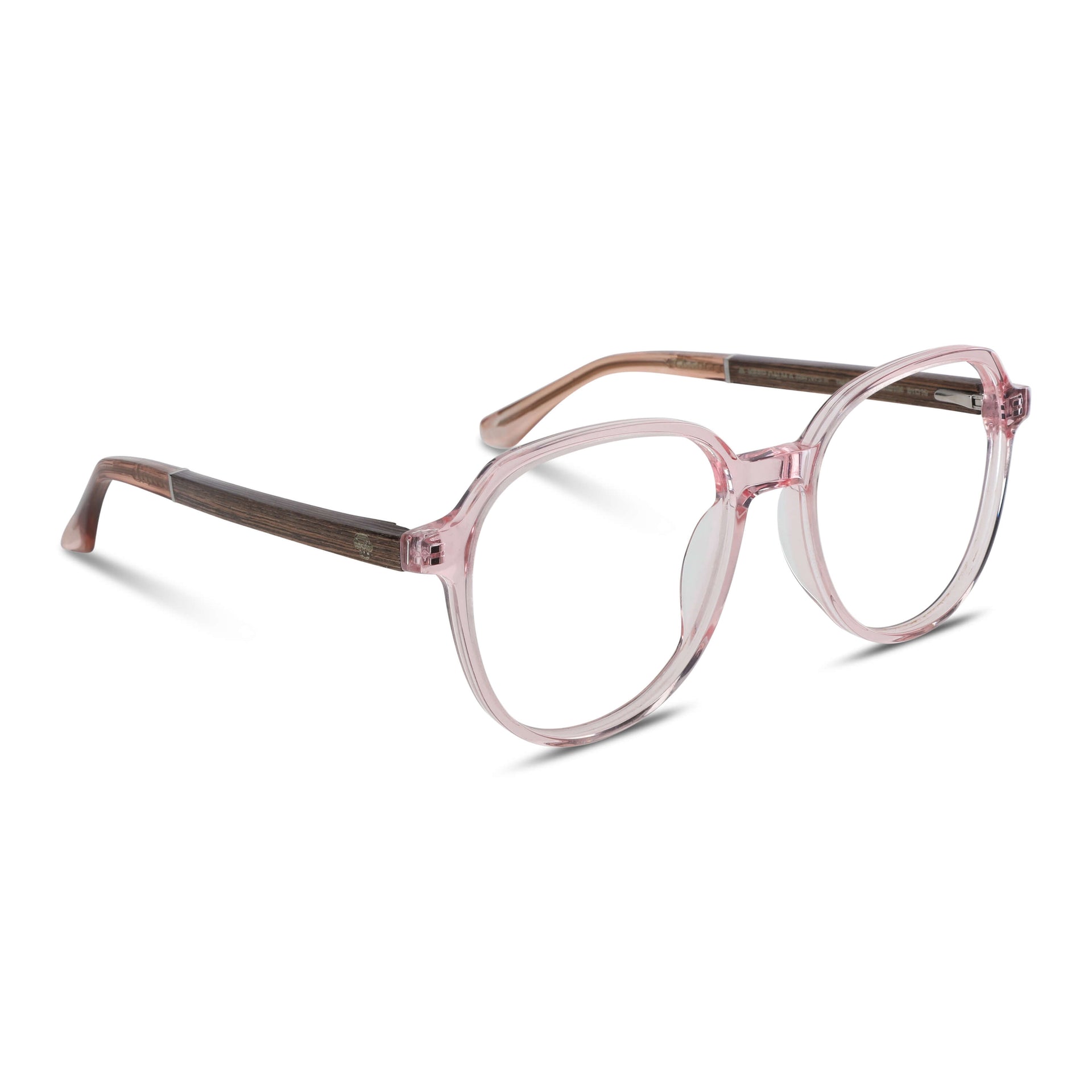 armazones anteojos octagonales redondos en acetato de color rosado lechoso con varillas de madera natural sustentable reciclada de color cafe nogal y terminacion de acetato carey. Anteojos para hombre y mujer vista angulada#color_rosado