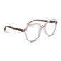 armazones anteojos octagonales redondos en acetato de color rosado lechoso con varillas de madera natural sustentable reciclada de color cafe nogal y terminacion de acetato carey. Anteojos para hombre y mujer vista angulada#color_rosado