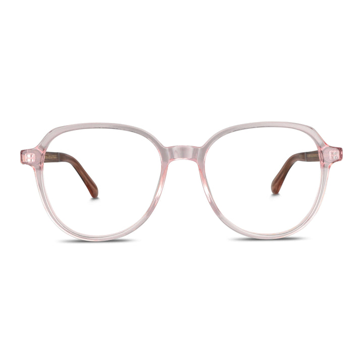 Armazón de lentes Galápagos en rosa, vista frontal, micas con filtro azul y antirreflejante, forma geométrica #color_rosado