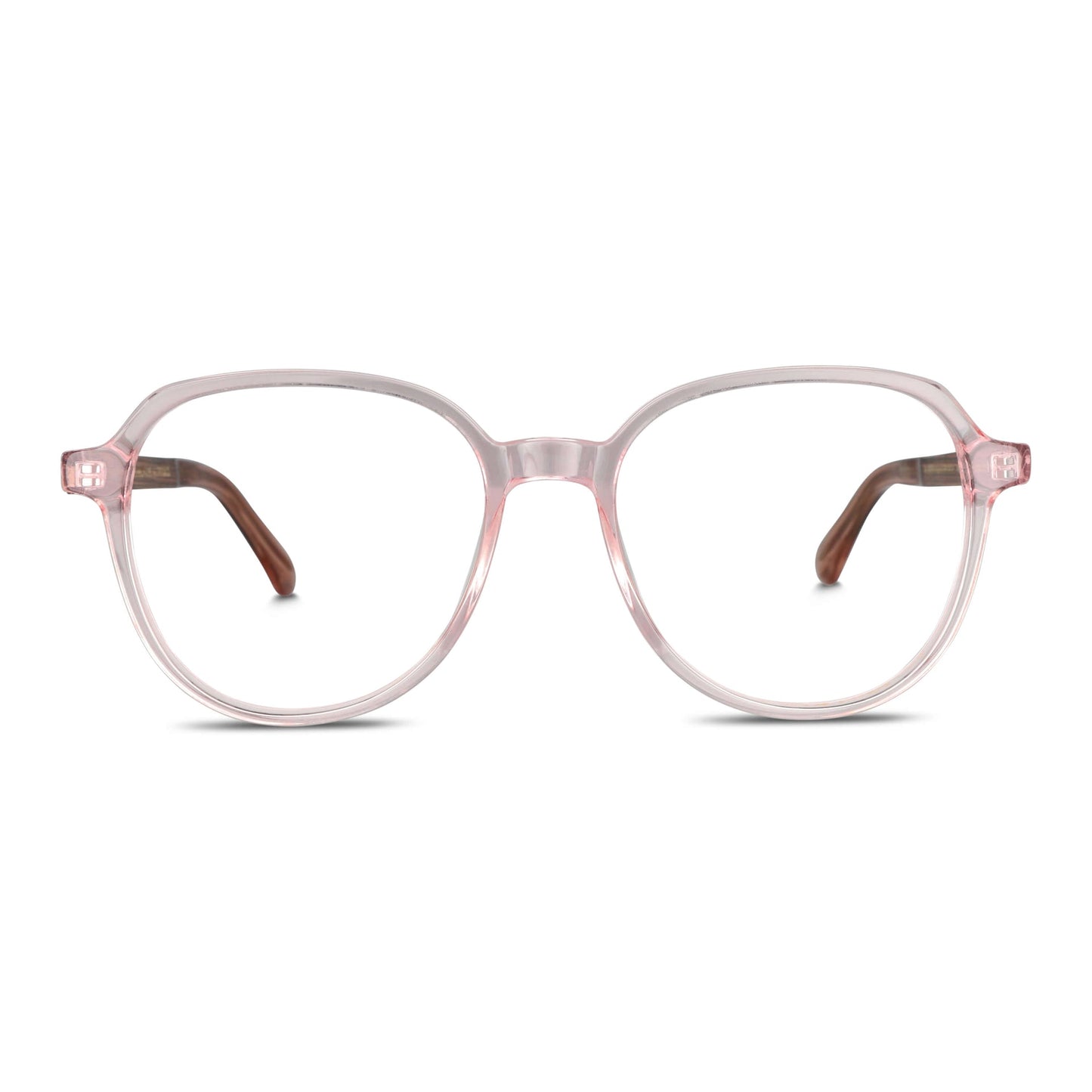 armazones anteojos octagonales redondos en acetato de color rosado lechoso con varillas de madera natural sustentable reciclada de color cafe nogal y terminacion de acetato carey. Anteojos para hombre y mujer vista frontal#color_rosado