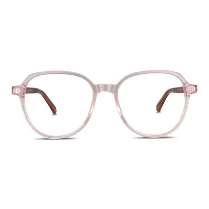 armazones anteojos octagonales redondos en acetato de color rosado lechoso con varillas de madera natural sustentable reciclada de color cafe nogal y terminacion de acetato carey. Anteojos para hombre y mujer vista frontal#color_rosado