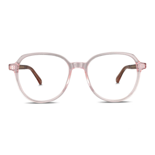armazones anteojos octagonales redondos en acetato de color rosado lechoso con varillas de madera natural sustentable reciclada de color cafe nogal y terminacion de acetato carey. Anteojos para hombre y mujer vista frontal#color_rosado