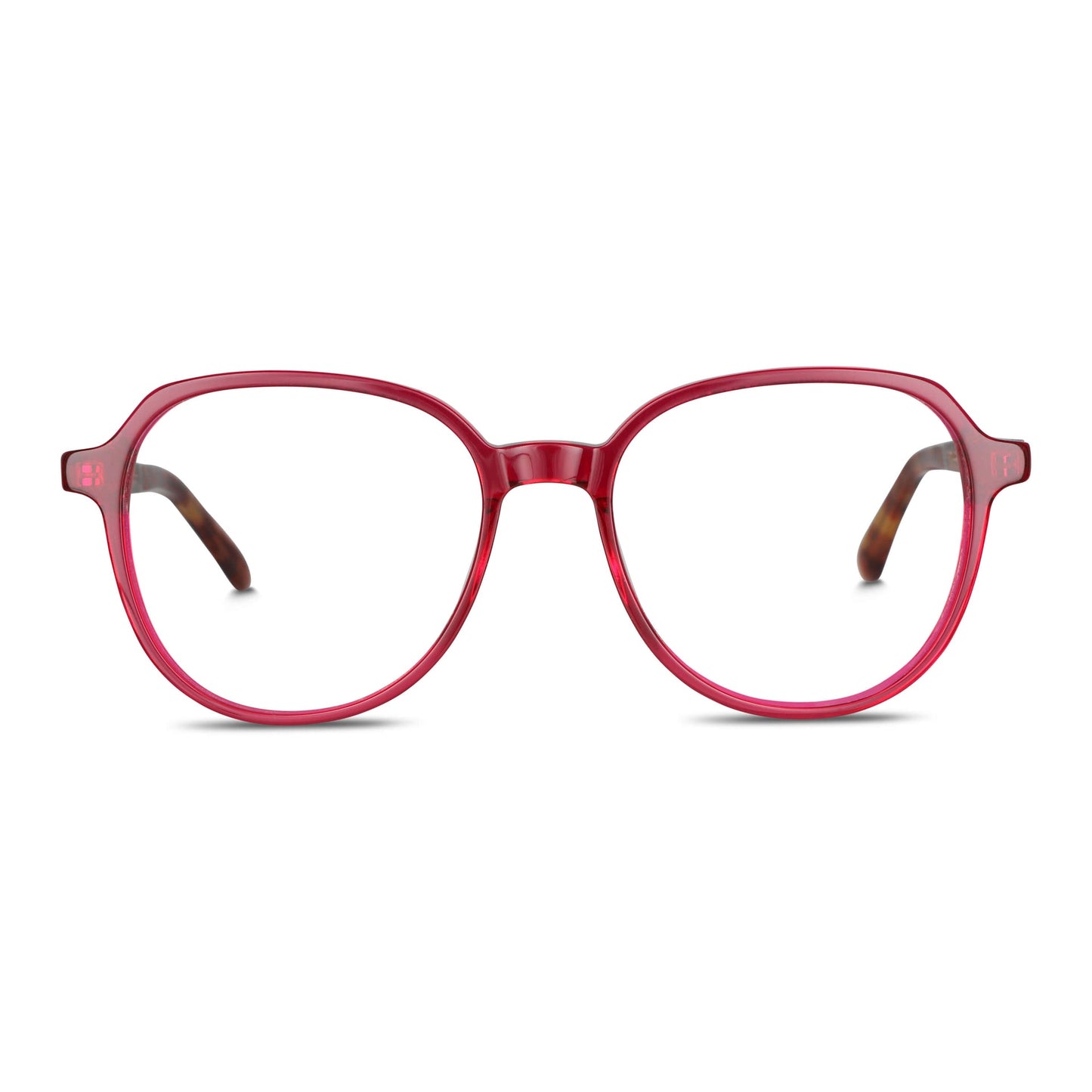 armazones anteojos octagonales redondos en acetato de color rojo con varillas de madera natural sustentable reciclada de color cafe nogal y terminacion de acetato carey. Anteojos para hombre y mujer vista frontal