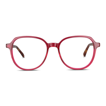 armazones anteojos octagonales redondos en acetato de color rojo con varillas de madera natural sustentable reciclada de color cafe nogal y terminacion de acetato carey. Anteojos para hombre y mujer vista frontal