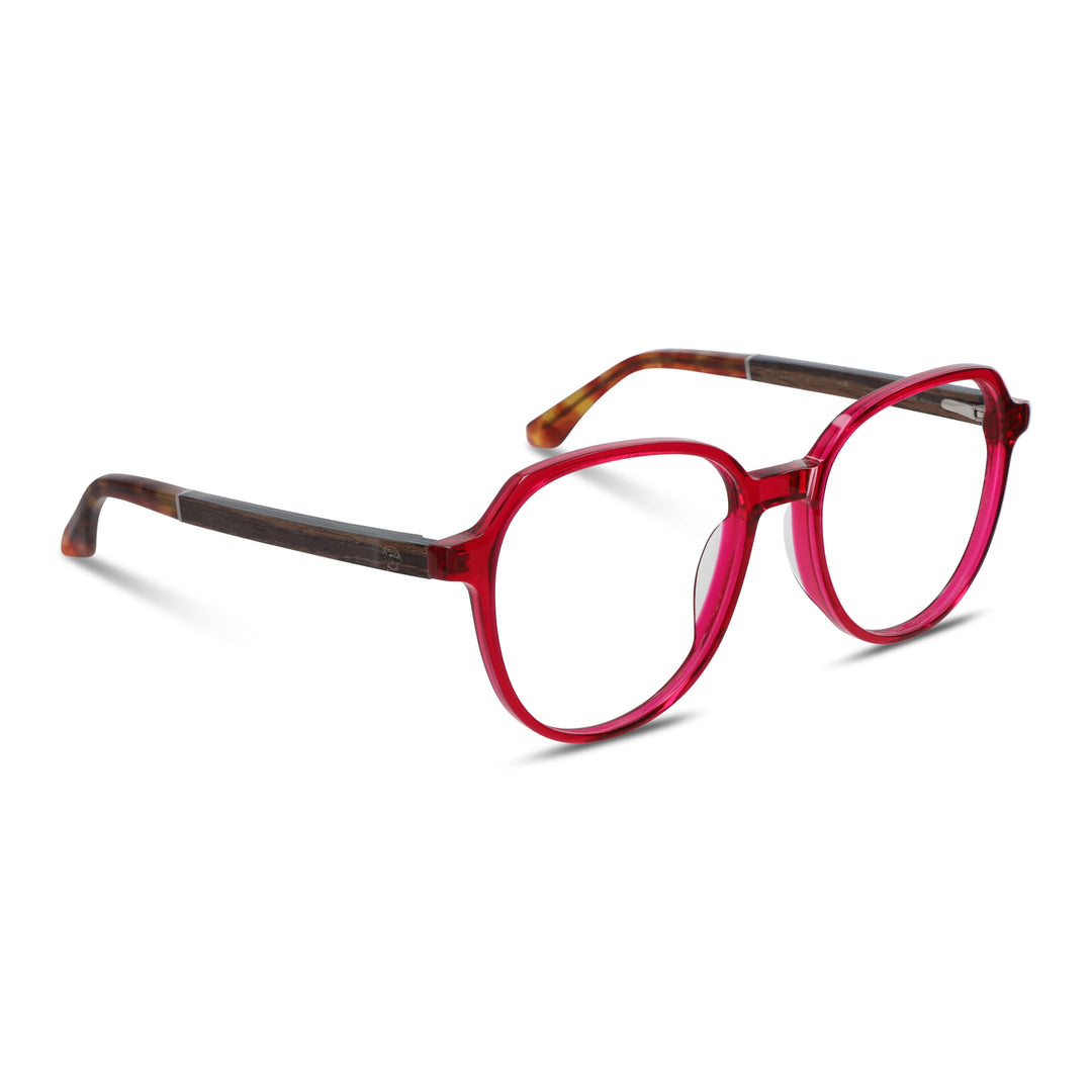 Armazón óptico Galápagos, vista frontal, bio-acetato y madera natural, micas con filtro azul y antirreflejante