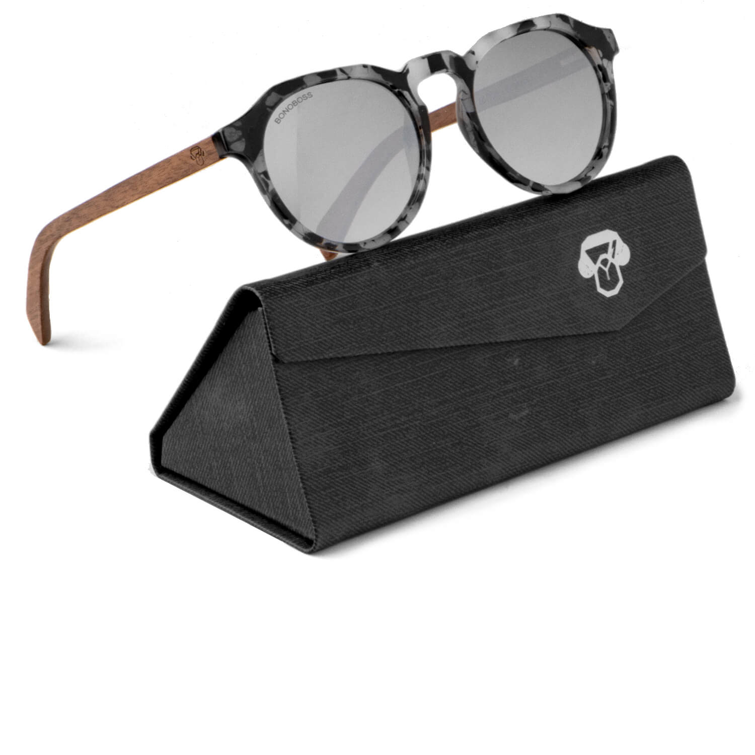 anteojos de sol hexagonales polarizados con patas de madera de hombre y mujer con lentes de color gris #color_silver