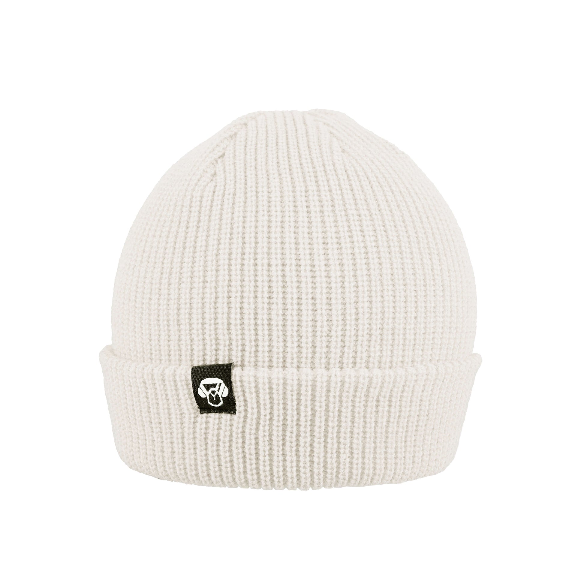 beanie invierno redondo de color blanco con logo de color negro. Gorros para el invierno hechos de material sustentable reciclado regalo corporativo. mayorista distribuidor de regalos corporativos sustentables ecologicos