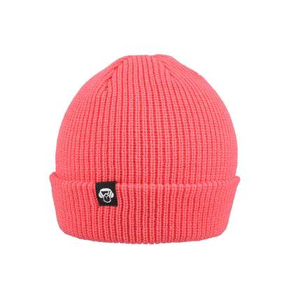 beanie invierno redondo de color rosado heather con logo de color negro. Gorros para el invierno hechos de material sustentable reciclado regalo corporativo. mayorista distribuidor