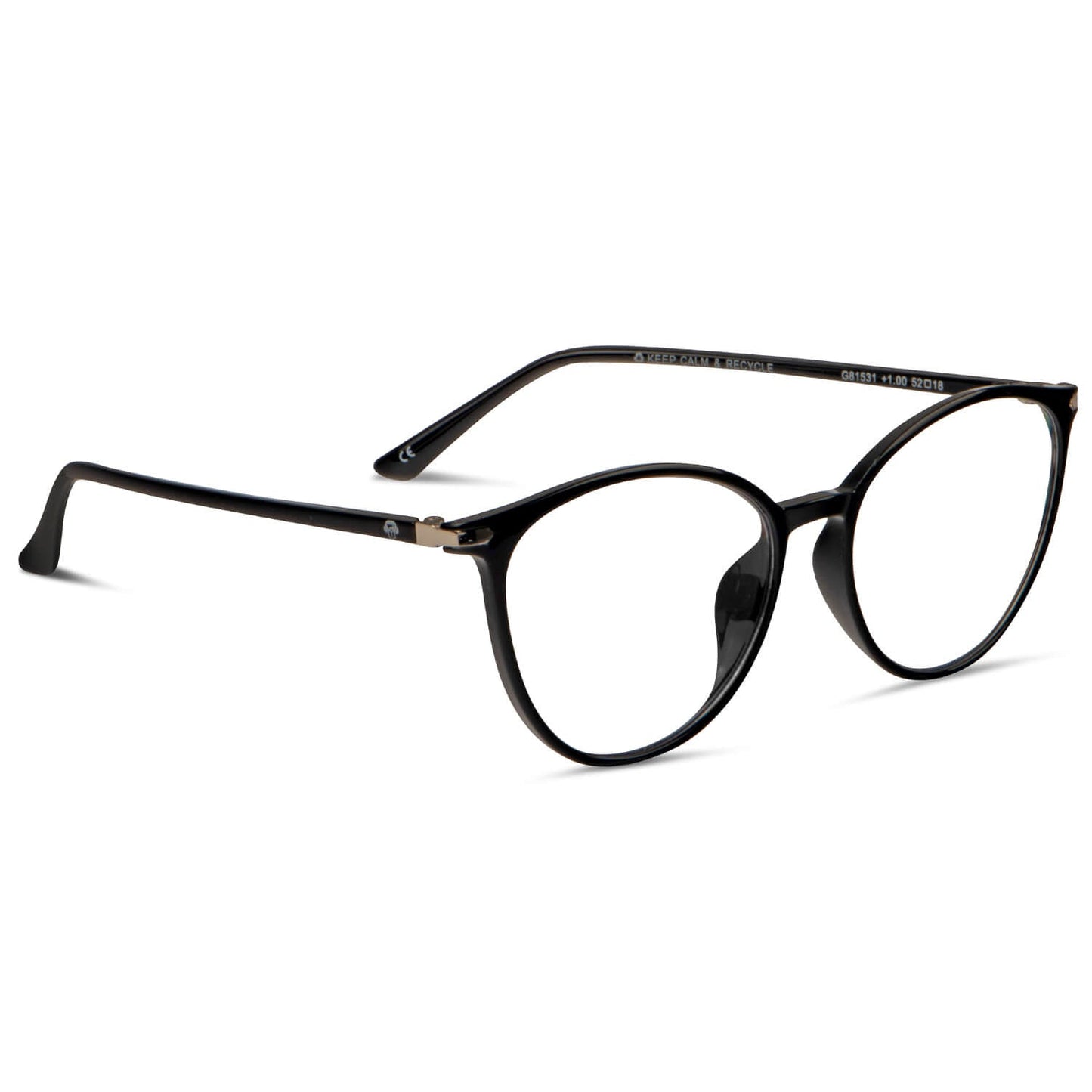 vista angulada de anteojos de lectura de forma agatada y de color negro para hombre y mujer de cara redonda