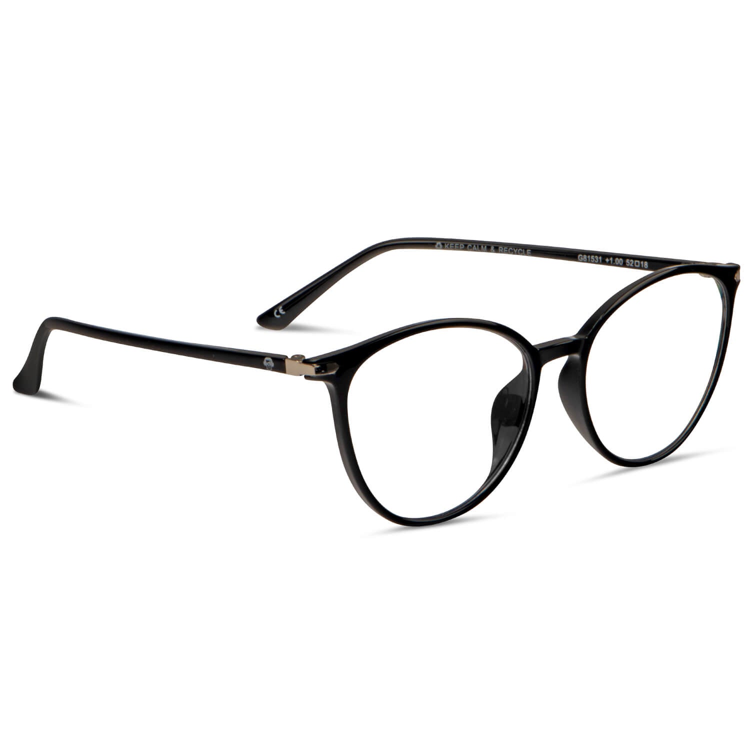 vista angulada de anteojos de lectura de forma agatada y de color negro para hombre y mujer de cara redonda