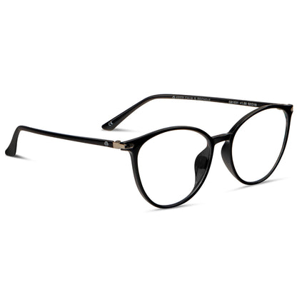 vista angulada de anteojos de lectura de forma agatada y de color negro para hombre y mujer de cara redonda