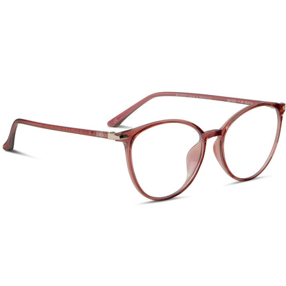 vista angulada de anteojos de lectura o presbicia de forma agatada con filtro de luz azul para las pantallas de color transparente rojo