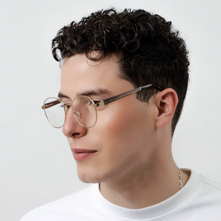 Marcos lenses optical round color gold wooden temple frame metal blue light filter men women Bonoboss #color_dorado