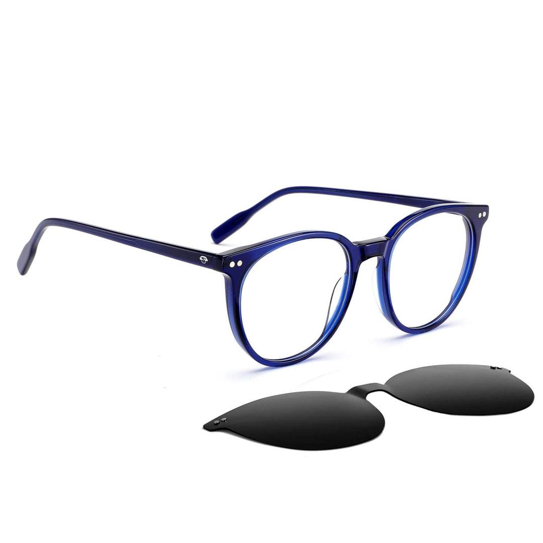 Eyeglasses or optical frames with iman or sun clip-on polarized forma round for mens and womenes. angled view and frames color blue Bonoboss #color_azul