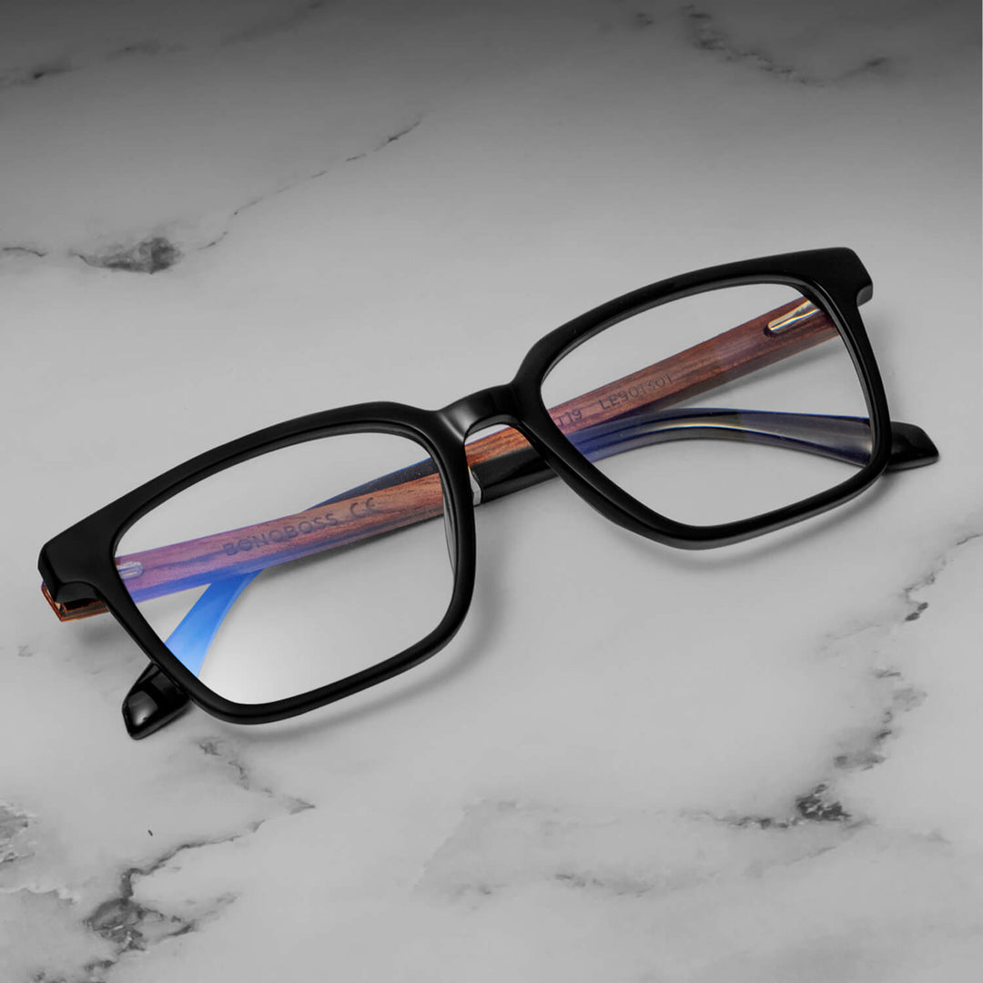 Marcos lenses optical square black pata wood blue light filter men women Bonoboss #color_negro