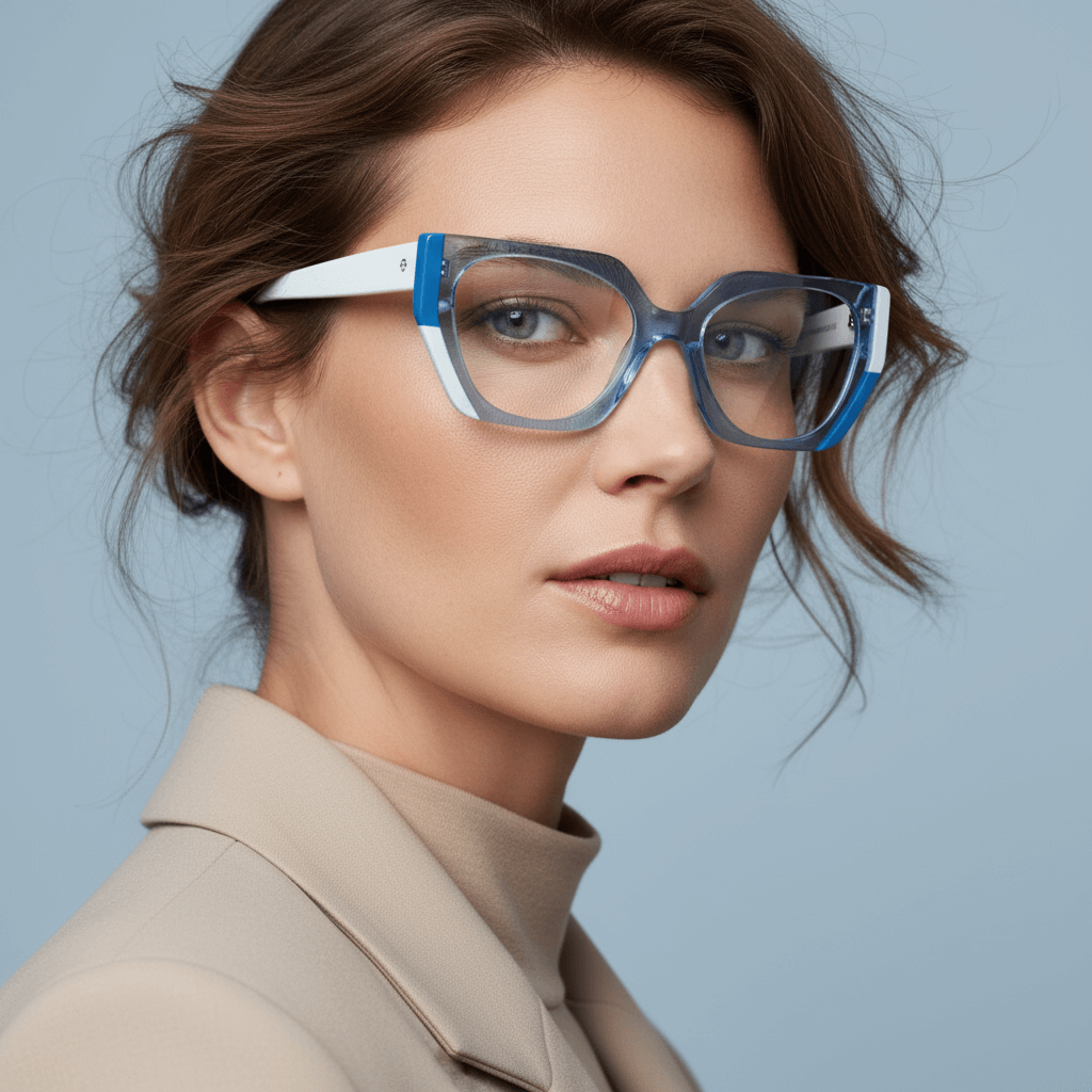 Una modelo women round face wearing eyeglasses oversized larges xl agate pattern diseñador moda de Bonoboss #color_azul