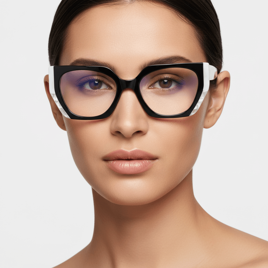 La front view a modelo women round face wearing eyeglasses oversized larges xl agate pattern diseñador moda de Bonoboss #color_negro