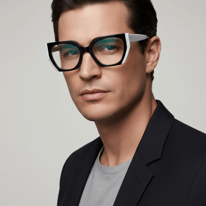 La side view a modelo men round face wearing eyeglasses oversized larges xl agate pattern diseñador moda de Bonoboss #color_negro