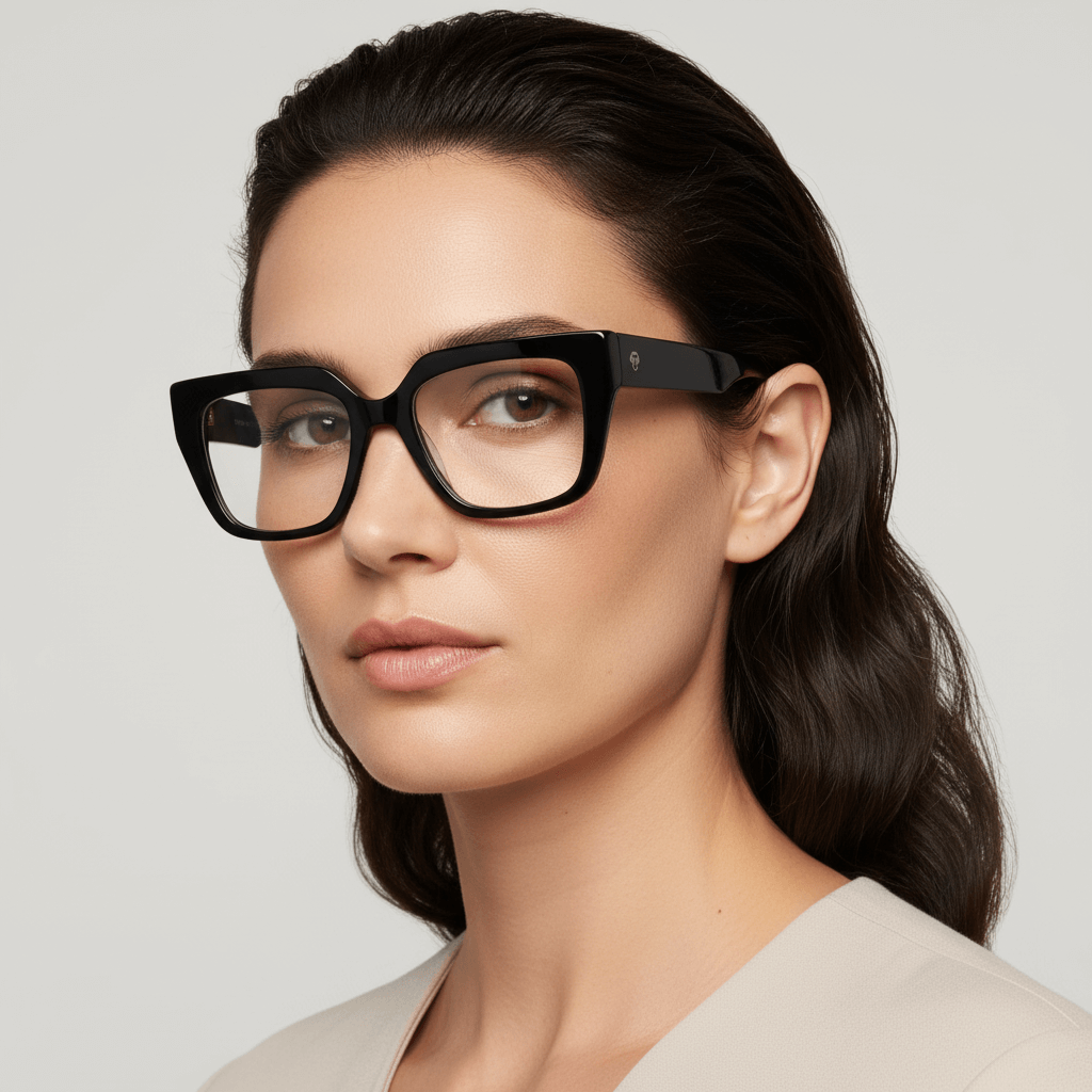 Una women cara ovalada ojos brown and pelo suelto ondulado wearing a anteojo or optical frame prescription forma cuadrada rectangular moda tamaño large and black Bonoboss #color_negro