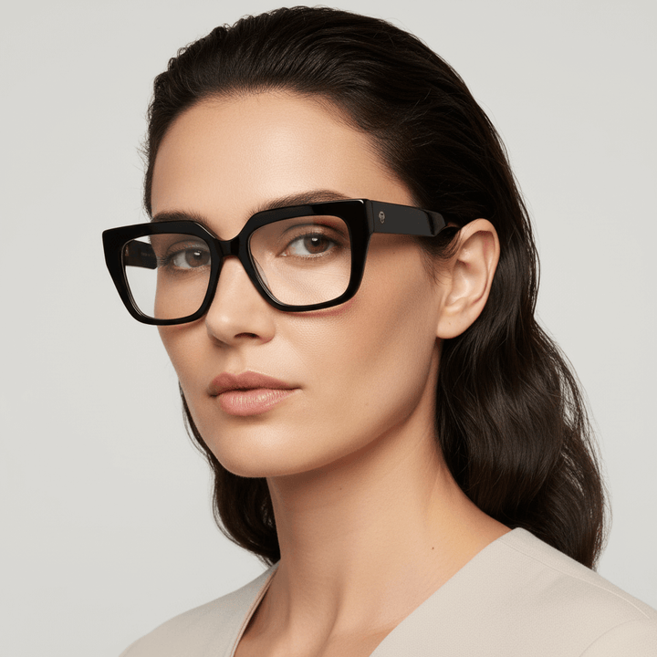 Una women cara ovalada ojos brown and pelo suelto ondulado wearing a anteojo or optical frame prescription forma cuadrada rectangular moda tamaño large and black Bonoboss #color_negro