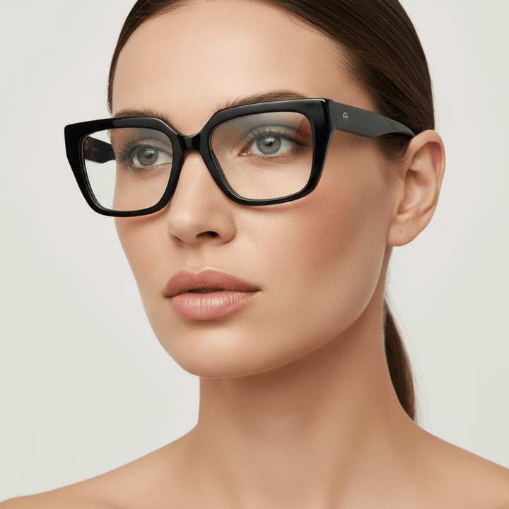 Una women round face ojos greens and pelo suelto ondulado wearing a anteojo or optical frame bonoboss in sustainable acetate frames optical prescription forma cuadrada rectangular moda tamaño large and black #color_negro