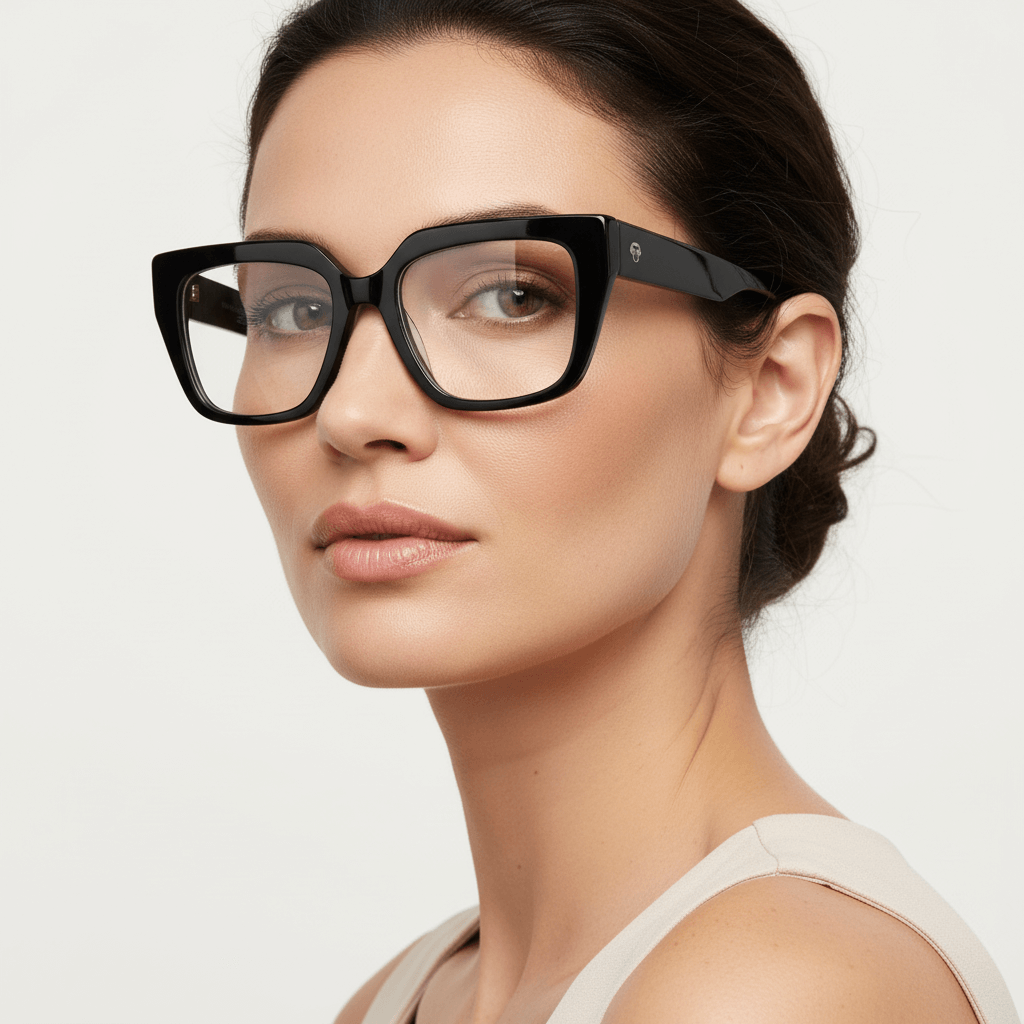 Una women round face ojos greens and pelo suelto corto wearing a anteojo or optical frame bonoboss in sustainable acetate frames optical prescription forma cuadrada rectangular moda tamaño large and black #color_negro