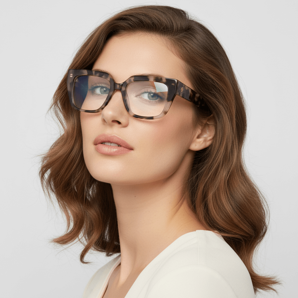 Una modelo women round face ojos greens and pelo suelto ondulado wearing a anteojo or optical frame bonoboss in sustainable acetate frames optical prescription forma cuadrada rectangular moda tamaño large and color marble marmoleado #color_marble