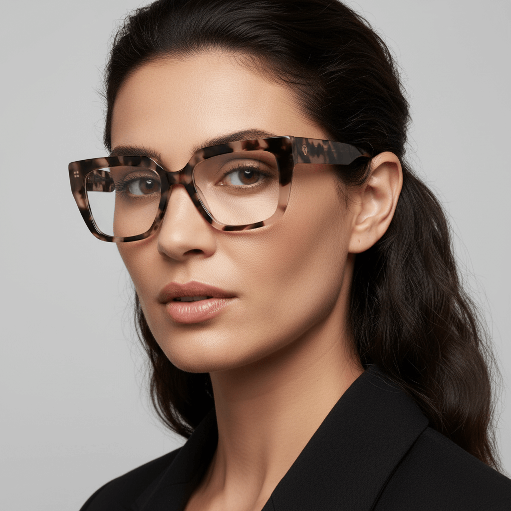 Side view a modelo women cara ovalada ojos brown and pelo suelto ondulado wearing a anteojo or optical frame bonoboss in sustainable acetate frames optical prescription forma cuadrada rectangular moda tamaño large and color marble marmoleado #color_marble