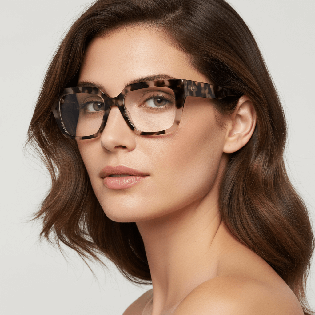 Una modelo women round face ovalada ojos greens and pelo suelto ondulado wearing a anteojo or optical frame bonoboss in sustainable acetate frames optical prescription forma cuadrada rectangular moda tamaño large and color marble marmoleado #color_marble