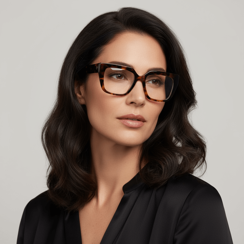 Una modelo women cara ovalada ojos brown and pelo suelto ondulado wearing a anteojo or optical frame bonoboss in sustainable acetate frames optical prescription forma cuadrada rectangular moda tamaño large and tortoise marble #color_carey