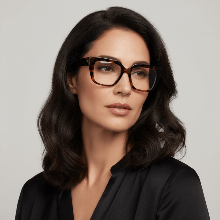 Una modelo women cara ovalada ojos brown and pelo suelto ondulado wearing a anteojo or optical frame bonoboss in sustainable acetate frames optical prescription forma cuadrada rectangular moda tamaño large and tortoise marble #color_carey