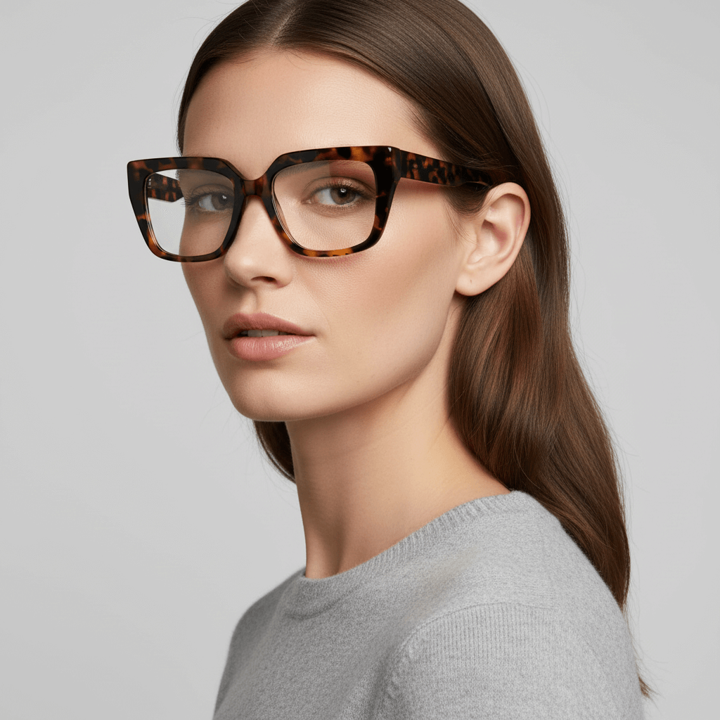 Una modelo women cara ovalada ojos brown and pelo suelto ondulado wearing a anteojo or optical frame bonoboss in sustainable acetate frames optical prescription forma cuadrada rectangular moda tamaño large and tortoise marble #color_carey