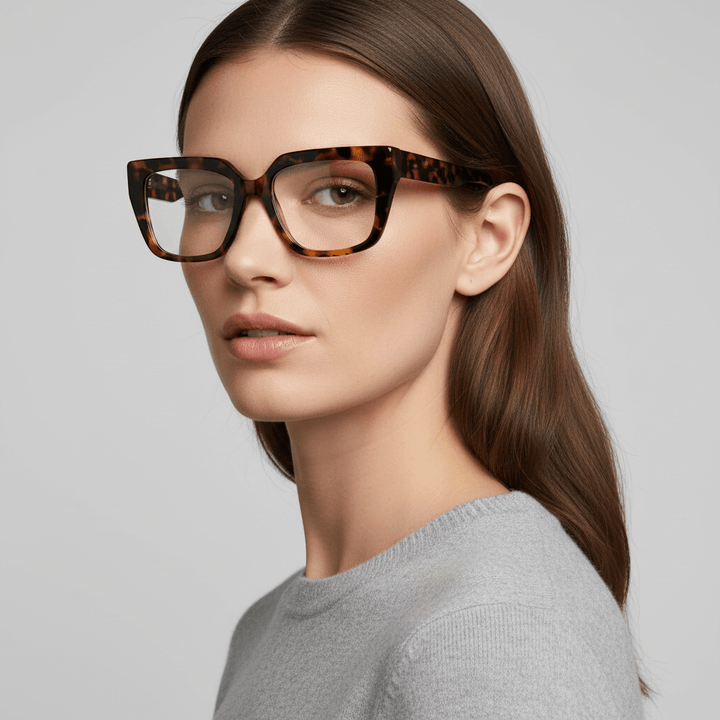 Una modelo women cara ovalada ojos brown and pelo suelto ondulado wearing a anteojo or optical frame bonoboss in sustainable acetate frames optical prescription forma cuadrada rectangular moda tamaño large and tortoise marble #color_carey