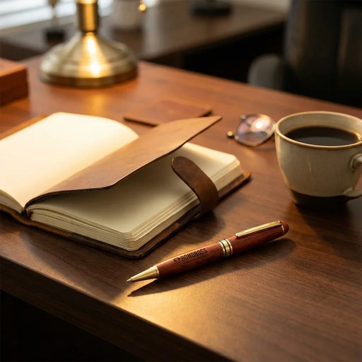 Lápiz wooden premium sobre escritorio with notebook and café bonoboss